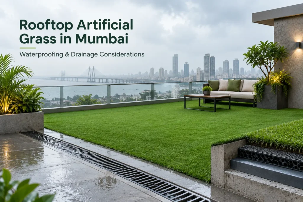 Rooftop Artificial Grass in Mumbai Waterproofing & Drainage Considerations